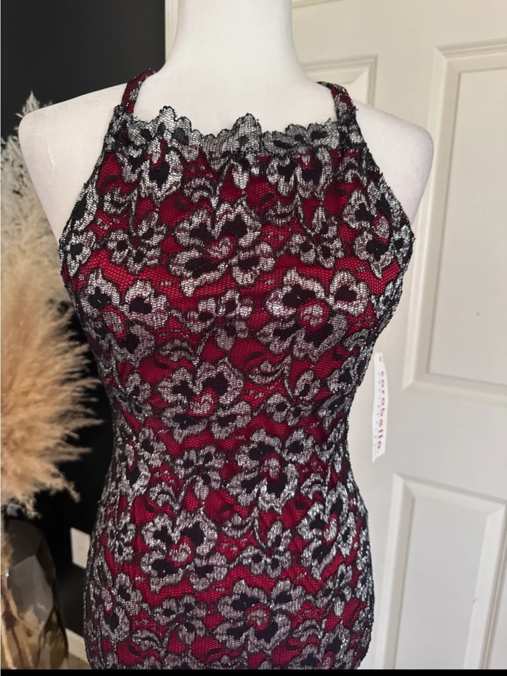 NWT Vintage Carabella RED/BLACK Silver Shimmer Floral Evening Gown size SMALL - Picture 7 of 12